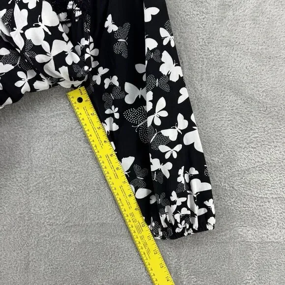 Talbots Top Womens L Black Butterfly Smocked Scoop Neck 3/4 Sleeves Elastic Cuff - Picture 13 of 15